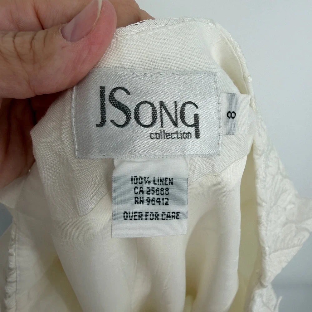 Vintage JSong White 100% Linen One Shoulder‎ Embroidered Leaf Maxi Dress 8